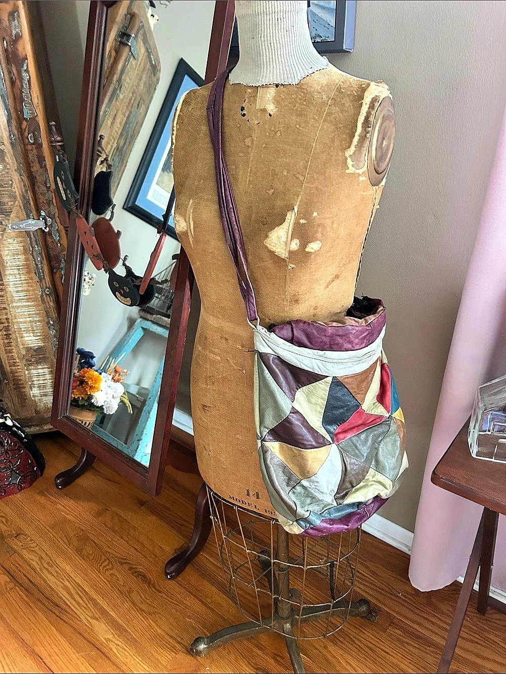 Vintage Patchwork Leather Multicolor Geometric Crossbody Bag - Velvet Lining